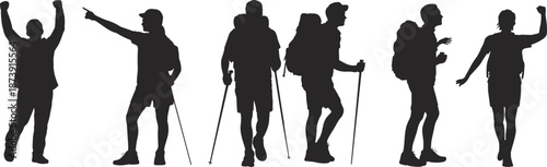 Hiking adventure silhouettes with backpackers, trekking people outdoors, mountain explorers walking and pointing, travel lifestyle concept, active hikers black silhouettes isolated