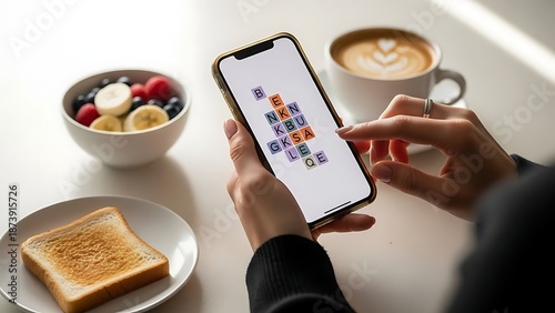 Morning leisure captured Hands interact with a digital word puzzle on a smartphone, complemented by a healthy breakfast of fresh fruit, toast, and artisanal coffee