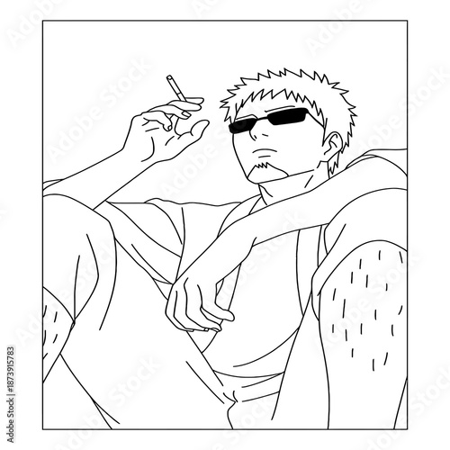 Man Wearing Sunglasses Smoking Cigarette Relaxing Indoors Line Art