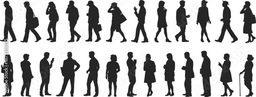 Walking business people silhouette collection, professional men and women in motion, office workers commuting, corporate lifestyle concept, black isolated vector