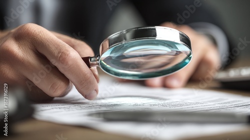 Analyzing documents with a magnifying glass showcases thoroughness and detail. Great for investigative work, legal reviews, or careful examination of contracts and financial statements.