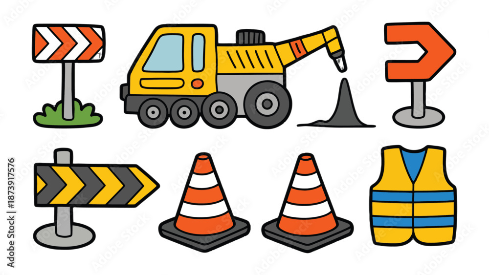 Naklejka premium Construction Icons: A collection of vibrant cartoon illustrations showcasing various construction-related symbols, perfect for conveying the essence of building and infrastructure.
