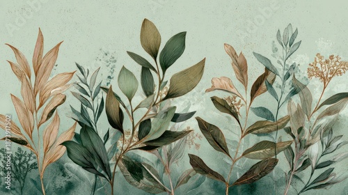 Lush, artistic depiction of various leaves & foliage in muted tones against a soft, blurred backdrop