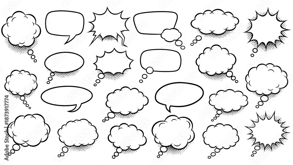 Fototapeta premium Collection of Comic Book Speech Bubbles in Black and White Various Shapes and Styles.