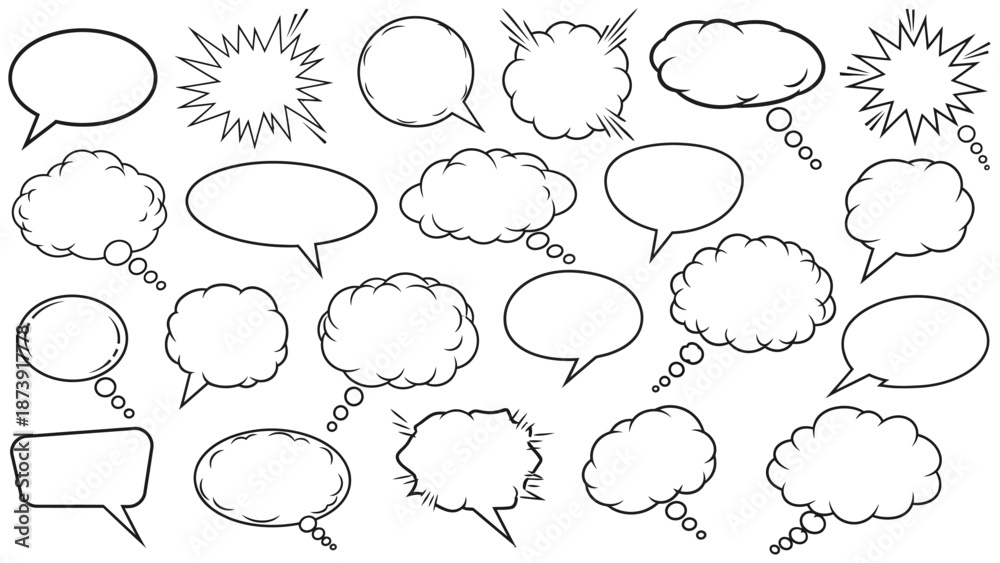 Fototapeta premium Diverse Collection of Comic Book Speech Bubbles in Black Outlines.