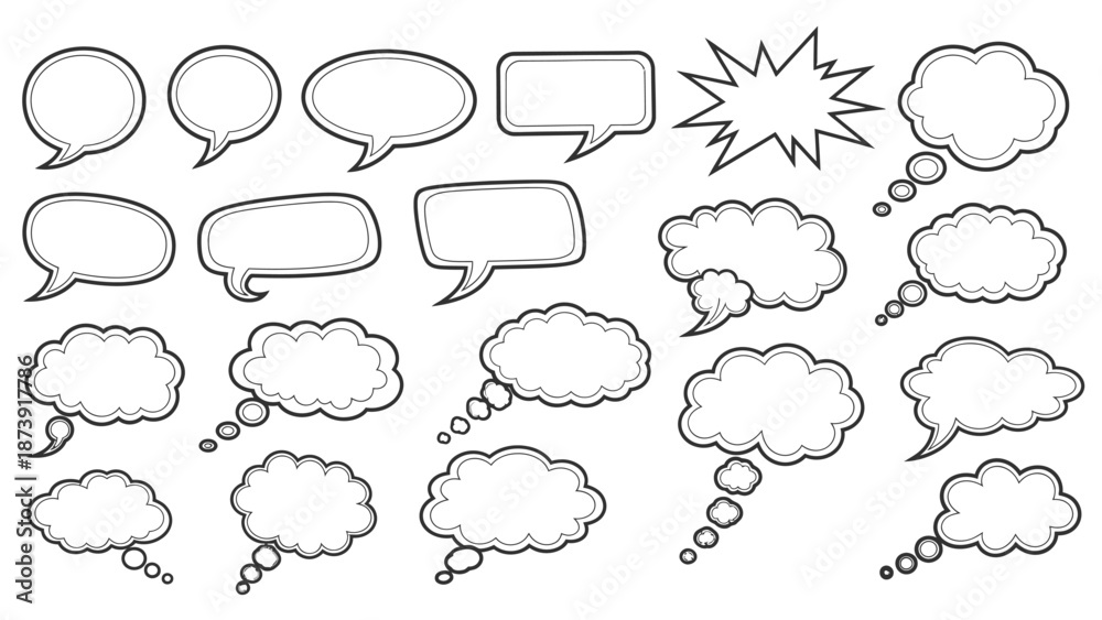 Fototapeta premium Collection of Black and White Speech Bubbles with Various Shapes and Styles.