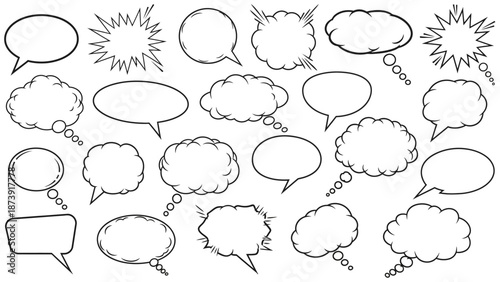 Diverse Collection of Comic Book Speech Bubbles in Black Outlines.