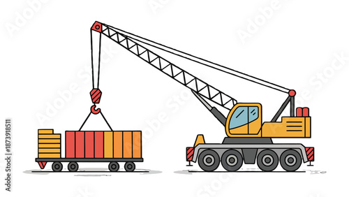 Crane Lifting Containers: A robust yellow crane is lifting a container from a truck at a construction or industrial site. Depicting essential machinery in action.