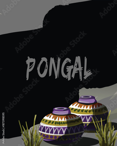 Harvest festival celebration featuring decorative earthen pots and vibrant Pongal greetings artwork illustration background