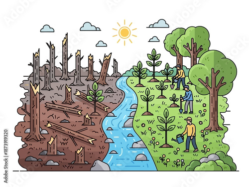 Illustration Depicting Deforestation and Reforestation Environmental Conservation Concept