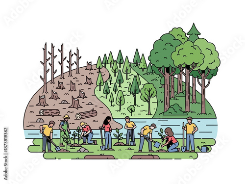 Illustration depicting tree planting efforts, showcasing deforestation's impact and reforestation