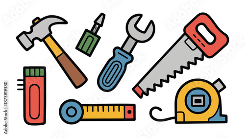 Essential Tools: A collection of various hand tools, expertly illustrated for construction and DIY projects. Showing the essence of craftsmanship and practical ingenuity.