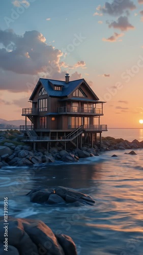 Seaside Retreat at Sunset: Serene House on Rocky Shore with Tranquil Water Reflections