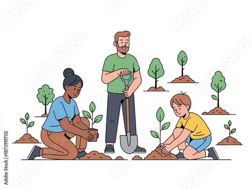 Family Planting Trees Together A Collaborative Effort for a Greener Future, Eco-Friendly Project