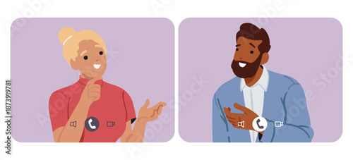 Cartoon desktop screen with diverse business partners discussing project in virtual workspace