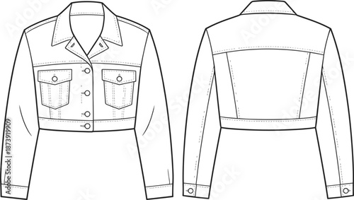 Cropped denim jacket flat sketch, front and back view, fashion technical drawing, stylish button-up outerwear, vector template design