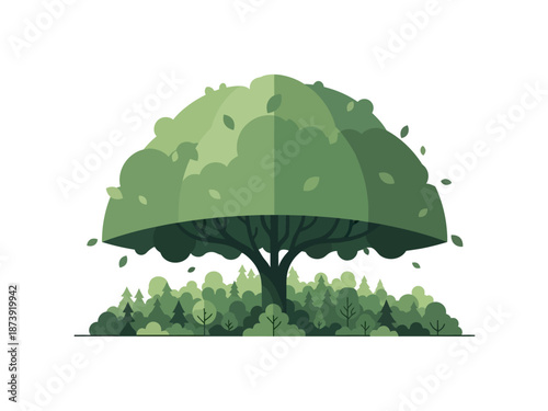 Stylized Vector Illustration of a Lush Green Tree and Forest Ecosystem in Nature
