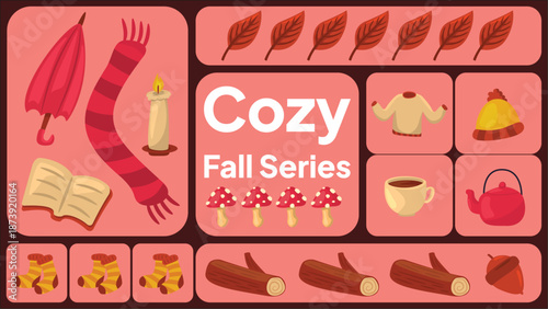 Cozy fall series with autumnal cartoon icons creates charming fall ambiance. Suitable for fallthemed designs, invitations, and social media posts.