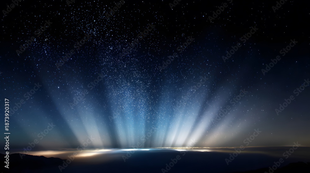 Fototapeta premium Expansive night scene featuring a vast expanse of stars illuminating a misty, distant cityscape, offering a serene, cosmic view. Magical starlight over the city lights.