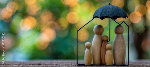 The wooden family figurines protected under an umbrella symbolizing care and unity