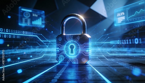Futuristic cybersecurity protection shield with glowing check mark, digital data network security concept, privacy defense, antivirus encryption, and online safety technology background illustration