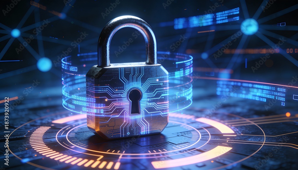 © Igor - Futuristic cybersecurity protection shield with glowing check mark, digital data network security concept, privacy defense, antivirus encryption, and online safety technology background illustration