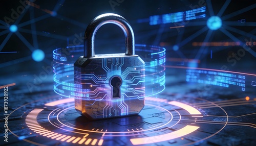 Futuristic cybersecurity protection shield with glowing check mark, digital data network security concept, privacy defense, antivirus encryption, and online safety technology background illustration