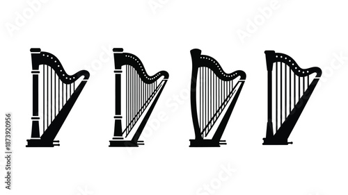 Four elegant harps in a row distinct black and white design silhouette