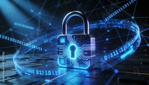 Futuristic cybersecurity protection shield with glowing check mark, digital data network security concept, privacy defense, antivirus encryption, and online safety technology background illustration