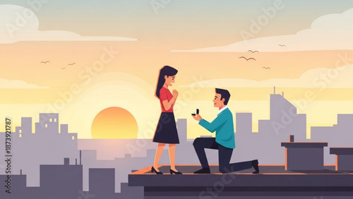 Man proposing to woman on rooftop at sunset romantic marriage proposal with city skyline background vector illustration for engagement concept
