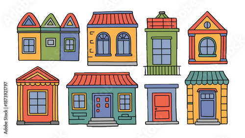 Architectural Charm: a collection of whimsical house facades. a joyful illustration of different colorful home structures