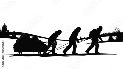 Silhouetted figures pulling a load across a landscape with trees and bridge