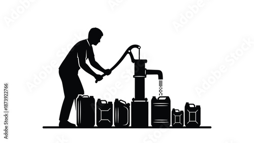 A man pumping water into containers with a hand operated well pump