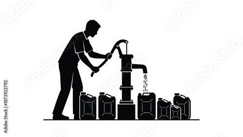 A silhouette of a man operating a hand pump with water containers nearby