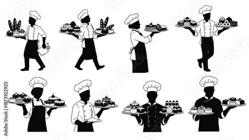 Black and white illustration of chefs carrying trays of baked goods