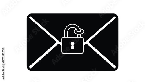 Secure email concept an open padlock symbol on a black envelope