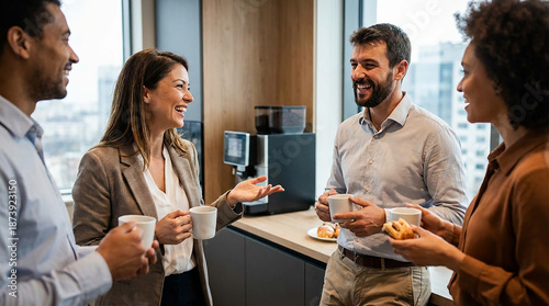 Business team in office having discussion during coffee break 