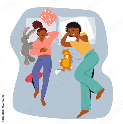 Mom and teenage daughter having lovely talk and gossiping while lying in bed cartoon scene