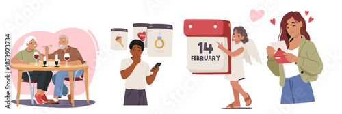 Seniors and teenagers celebrating Valentines Day cartoon romantic holiday scenes isolated set