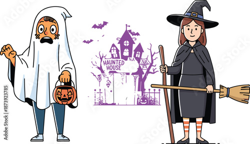 Halloween costume characters illustration, ghost kid witch woman, spooky haunted house, cartoon flat vector art