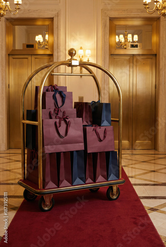 Luxury hotel bell cart filled with shopping bags on a red carpet in a grand lobby