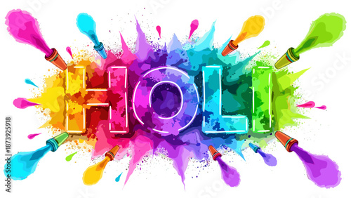 Colorful Holi festival text with paint splashes on white background  