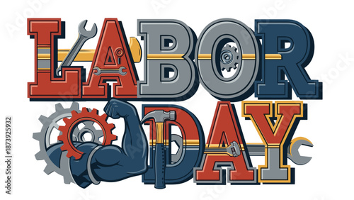 Labor Day celebration graphic with tools and strong arm design  
