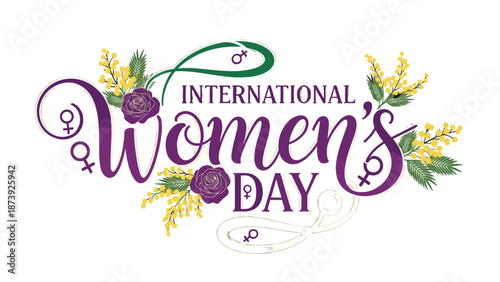 International Women's Day floral design with purple and yellow accents  