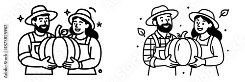 Happy couple holding pumpkins during autumn harvest celebration