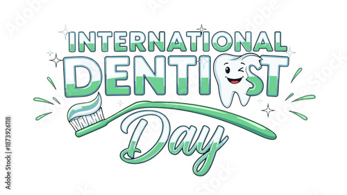 International Dentist Day logo with smiling tooth and toothbrush  