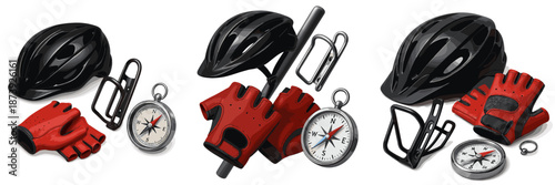 Cycling gear: helmet, gloves, and compass neatly arranged