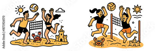 Exciting beach volleyball match with players celebrating victory