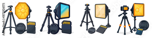 Studio equipment for photography with tripods and lighting