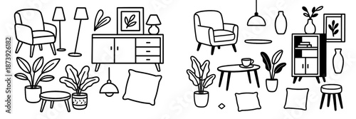 Modern interior design elements featuring furniture and decor